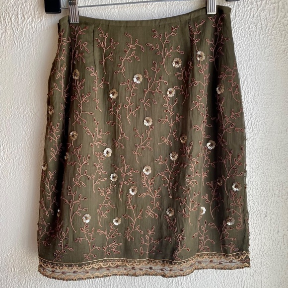 Vintage Y2K Express olive green beaded silk mini skirt Size S - Picture 5 of 15